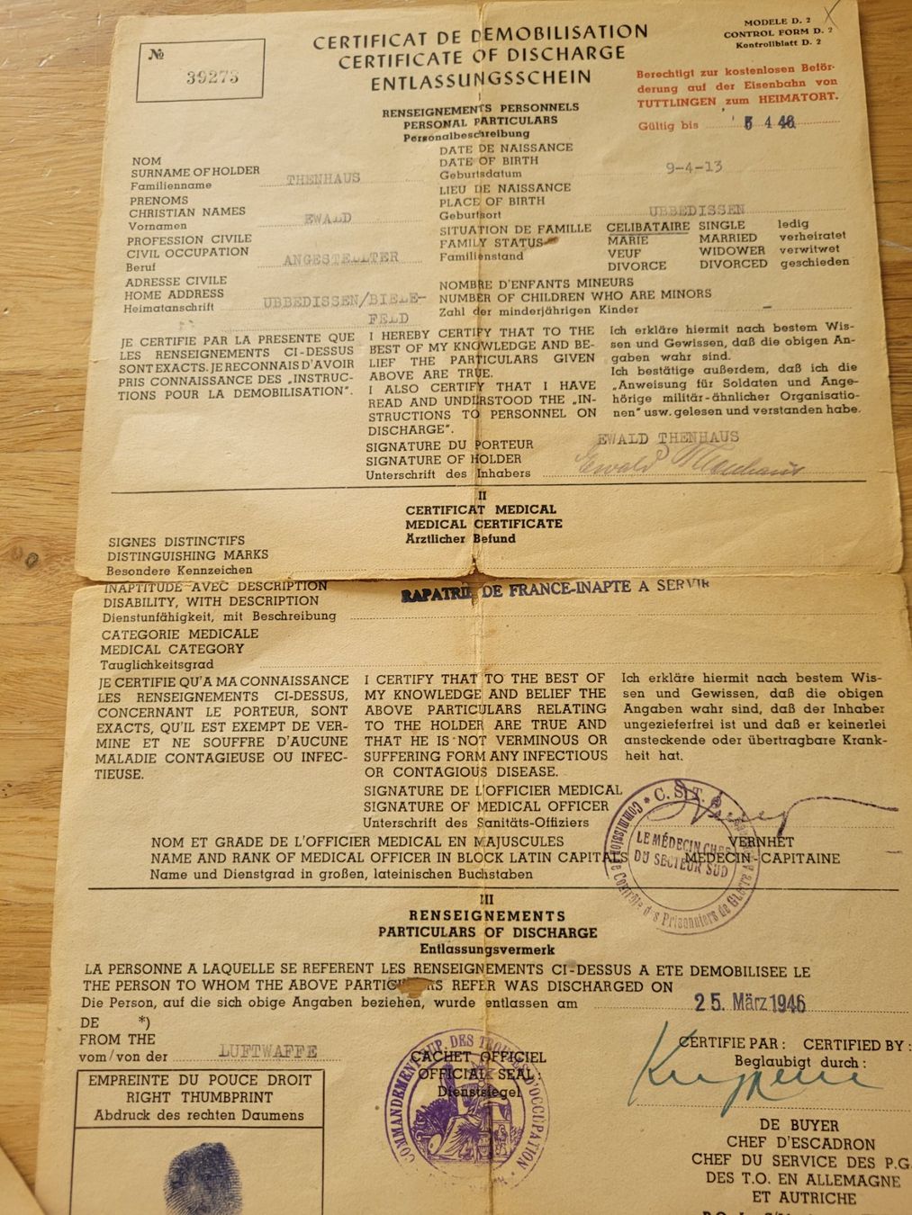 Armi bianche: Nachkrieg Gefangenen Dokumente, WW2 – Usato da Kriens venduto da KTP 6
