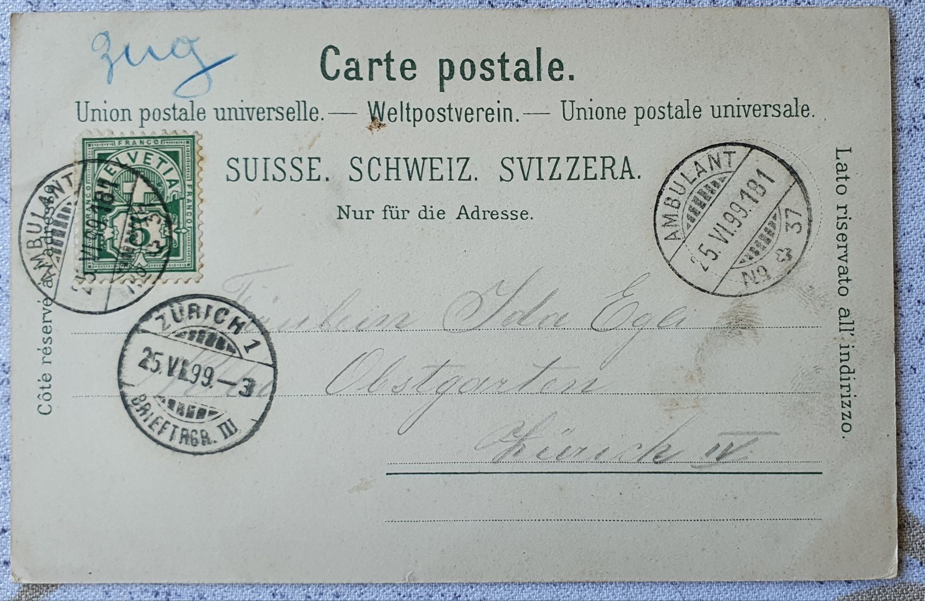 Cartoline postali: Gruss aus Zug 1899 – Usato da Kreuzlingen venduto da Rschweiz1 1