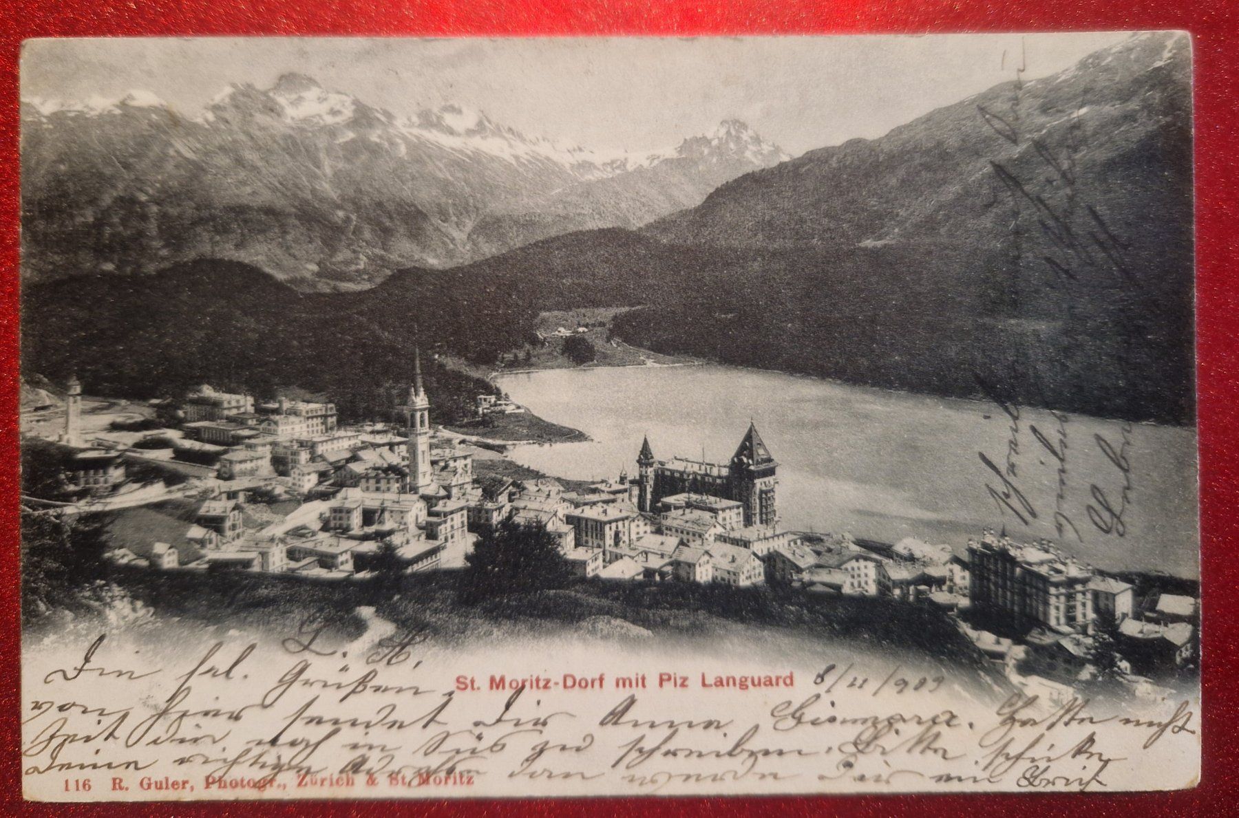 Cartoline postali: St. Moritz mit Piz Languard 1908 – Usato da Melchnau venduto da Fishel