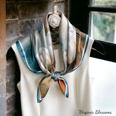 New 68cm Floral White Tulip, Autumn Silk Scarf, Pure Silk