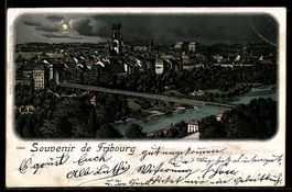 Lithographie Fribourg, Panorama nocturne avec pont et cathéd
