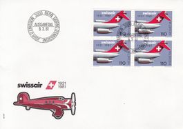 Swissair 1931-1981, 4er Block Fr. 1.10 mit Ersttagsstempel