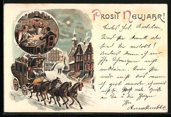Ansichtskarten: Litho Neujahr!, Postkutsche und Kartensp – Gebraucht aus Berlin von bartko-reher