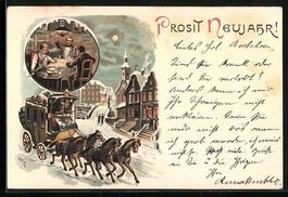 Litho Neujahr!, Postkutsche und Kartensp