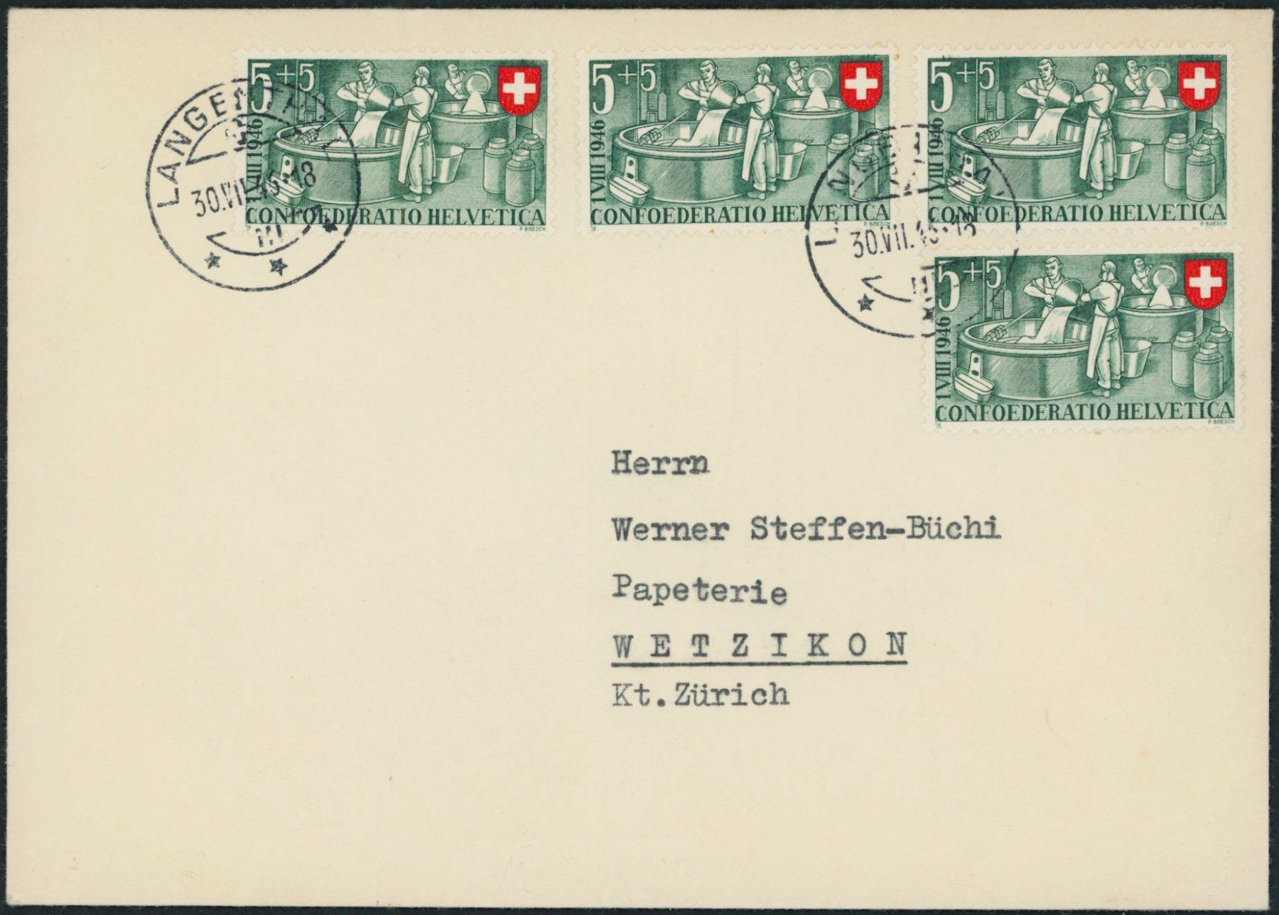 Tutti i francobolli: 1946 - Pro Patria - Brief - MeF - Langenthal BE – Usato da Schindellegi venduto da stationary