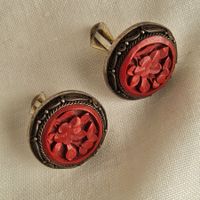 Antike Rot Lack geschnitzte Ohrclips, Silber  CHINA