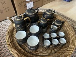 Kaffeeservice schwarz mit Handmalerei 22K Gold Eggshell