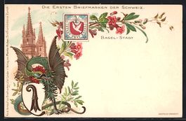 Litho Basel-Stadt, Kirche, Drache und Wa