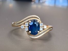 Vintage Ring 750 Gelbgold Saphir Diamanten Gr. 53 / Anello