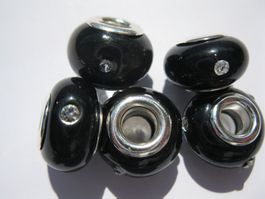 3 Grosslochperlen, Glas Beads schwarz mit Strass