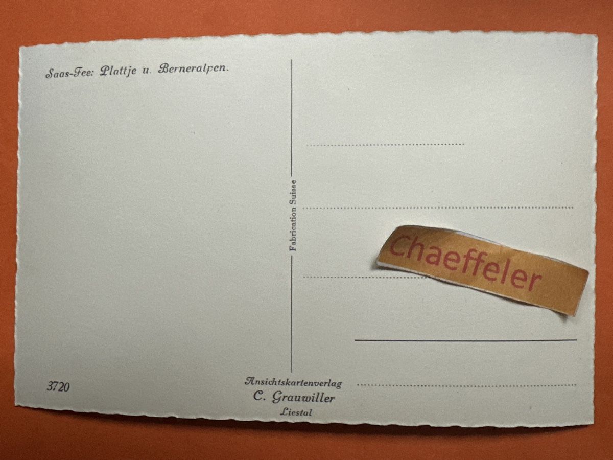 Cartoline postali: Sass-Fee Plattje u. Berneralpen – Usato da Zürich venduto da Chaeffeler 1