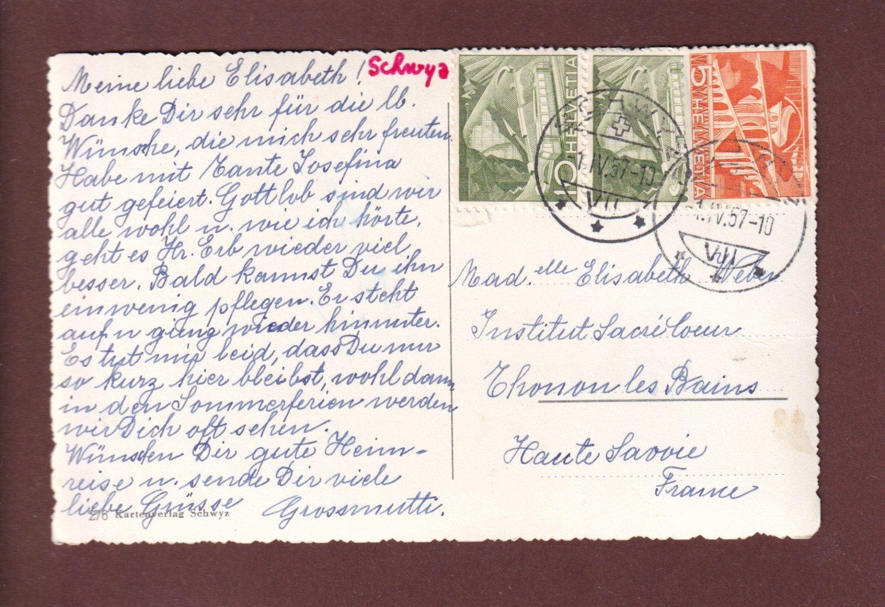 Cartoline postali: SCHWYZ - 5 Bilder - 1957 – Usato da Pully venduto da nicecards 1
