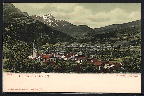 Cartoline postali: AK Sils-D, Totalansicht mit Bergen – Usato da Berlin venduto da bartko-reher