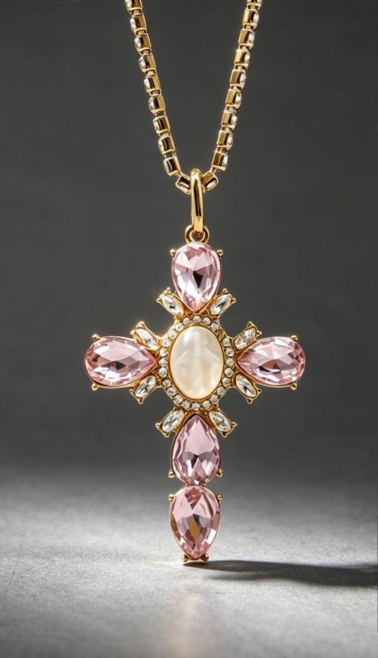 Catenine: Collier croix plaqué or pierres roses – Nuovo e nell'imballaggio originale da St-Maurice venduto da Sandrinette123 1
