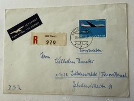 Schweiz Briefmarke Helvetia 1969, Flugzeug, Thun, DDR!