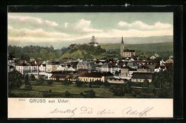 Uster, Ortsansicht mit Fabrik und Kirche