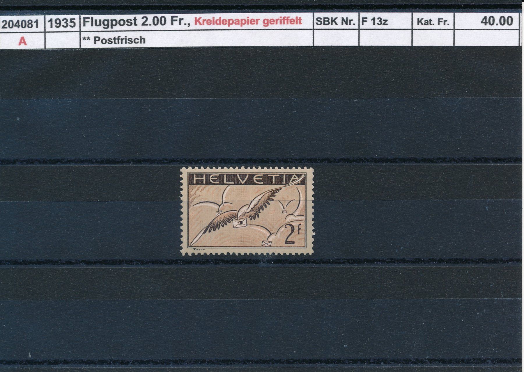 Tutti i francobolli: 1935 Flugpost - 2.00 Fr., Kreidepapier geriffelt, ** – Nuovo (secondo la descrizione) da Winterthur venduto da Zupogeru