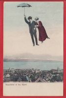NEUCHÂTEL ET LES ALPES 1910 TOURISTES EN CIEL AVEC PARAPLUIE