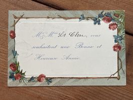 Neujahrs-Postkarte, Prägedruck mit Blumenranke