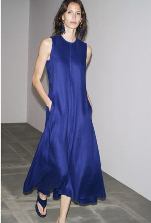 Königsblaues Midikleid aus Leinenmischung, Größe XS (284)