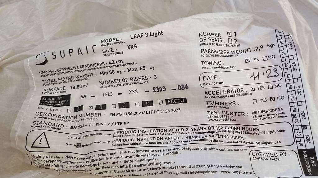 Sport dell'aria & Aquiloni: Supair Leaf 3 Light XXS / EN B / 11.2023 – Usato da Matzendorf venduto da Flugschule-Jura 5