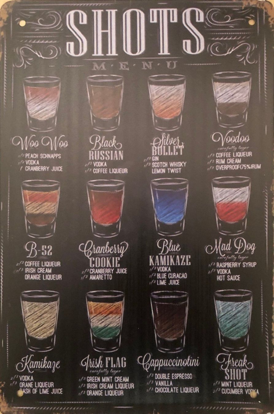 Insegne: Blechschild Shots Menu Alkohol Bar Drink Restaurant Gin – Nuovo e nell'imballaggio originale da Dättlikon venduto da easythings