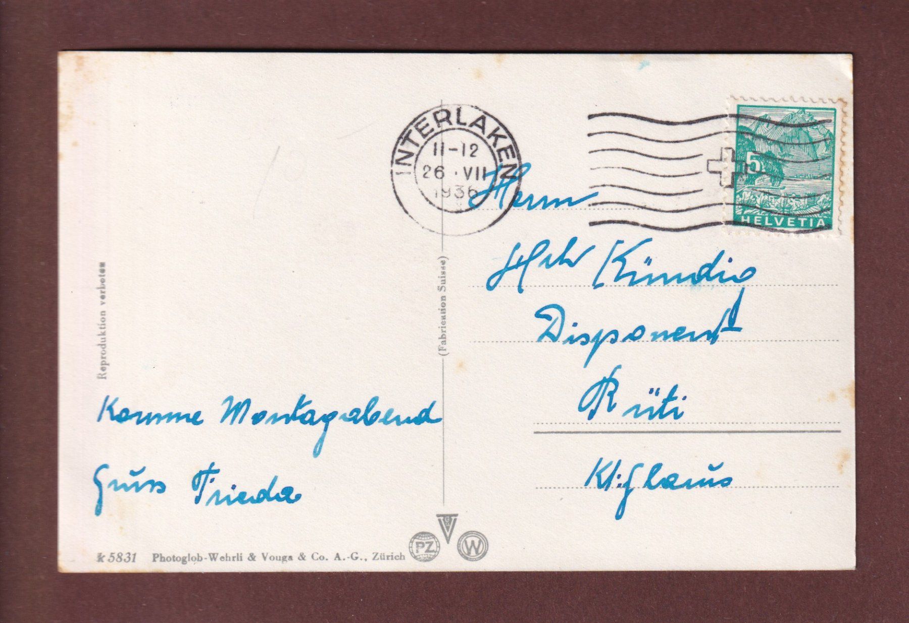 Cartoline postali: THUN und die Alpen - 1936 – Usato da Pully venduto da nicecards 1
