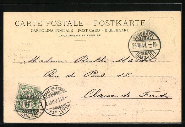 Cartoline postali: AK Neuchâtel, Hotel des Postes, 1901 – Usato da Berlin venduto da bartko-reher 1