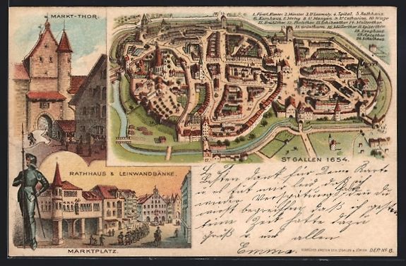 Cartoline postali: Litho St. Gallen, Marktplatz mit Rathaus – Usato da Berlin venduto da bartko-reher