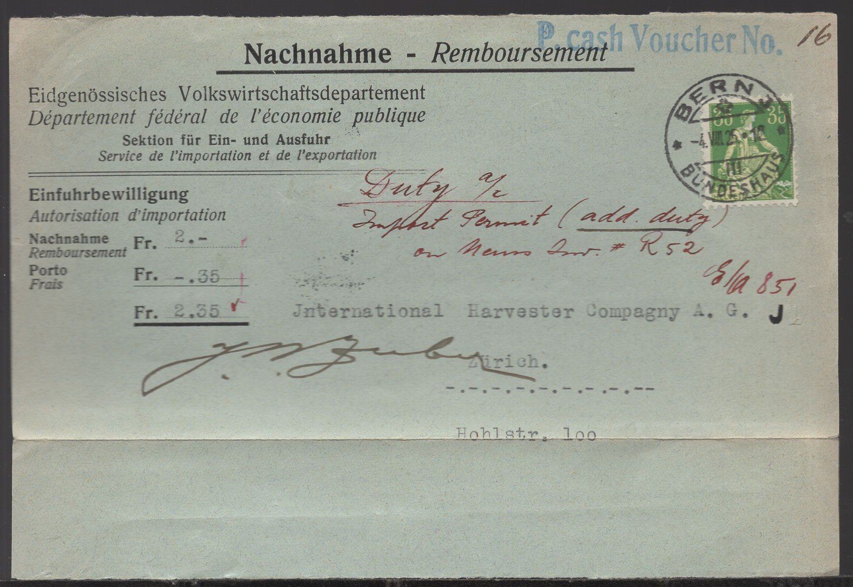 Tutti i francobolli: BERN 4.viii.25  Nachnahme   Einfuhrbewilligung – Usato da Aarau venduto da kufi44