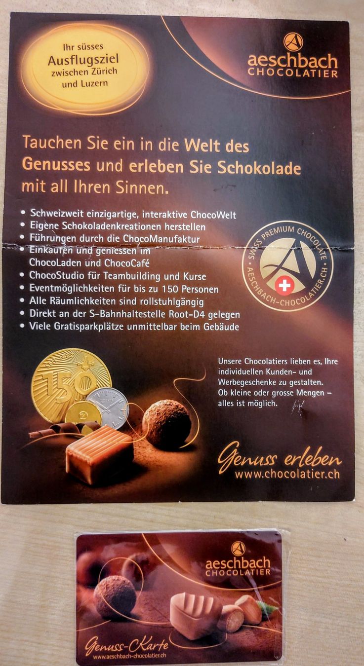 Gutscheine: Gutschein Aeschbach Chocolatier – Neu und originalverpackt aus Spiez von Tommy29