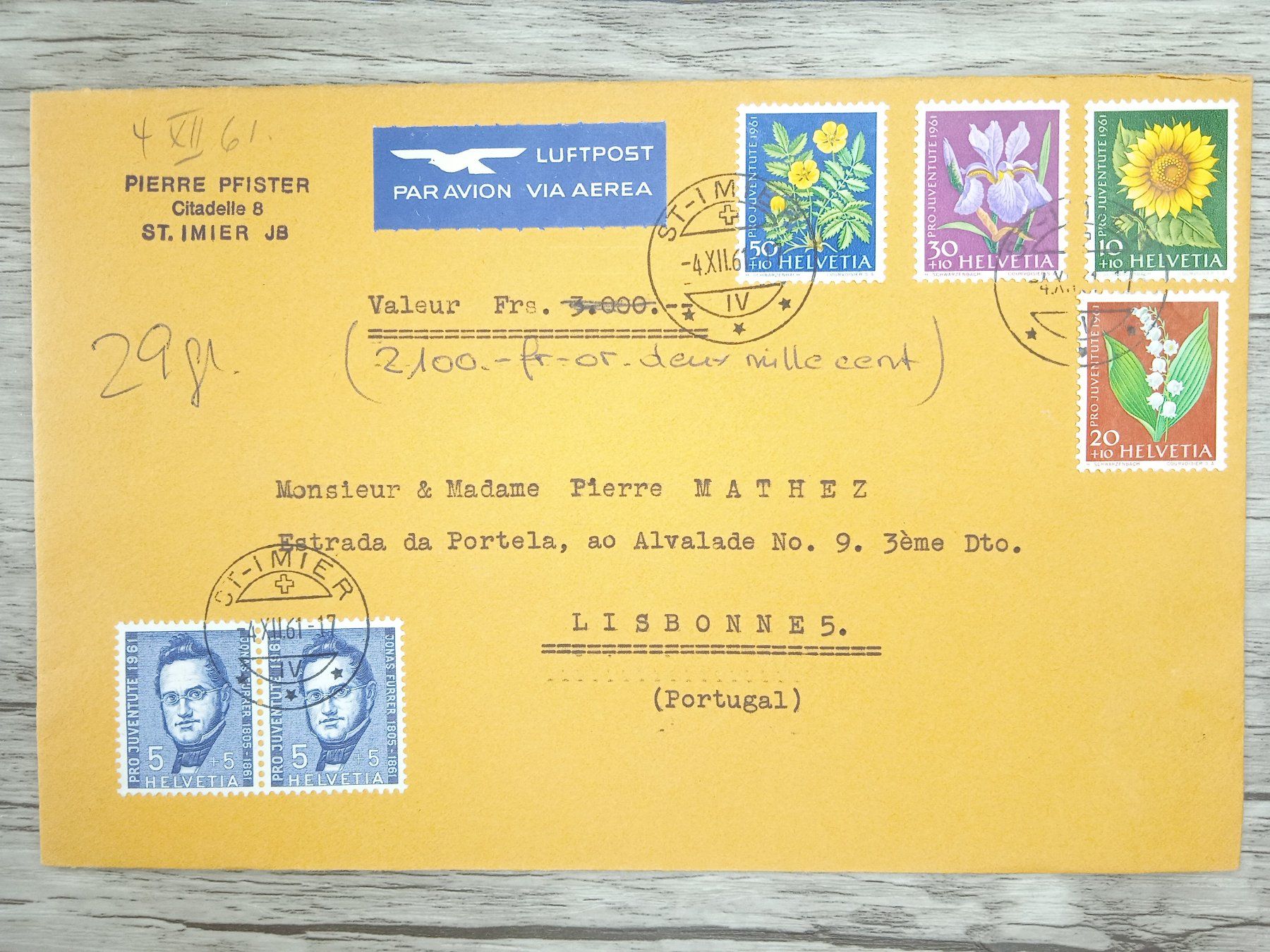 Tutti i francobolli: TR70 Enveloppe + Timbre Suisse 1961 – Usato da Cousset venduto da Patrick_Collections