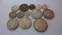 13 ver. uralte Münzen aus Amerika 1836 bis 115 , ss - unz.