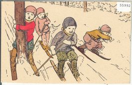 Kinder beim Skifahren - coloriert - Künstlerkarte