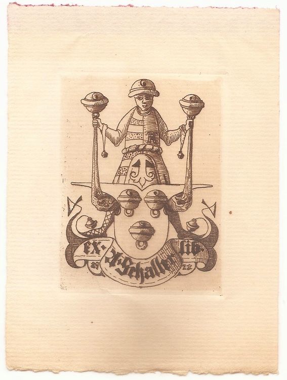 Exlibris héraldique par A. Am Rhyn en 1921 pour A. Schaller Kaufen