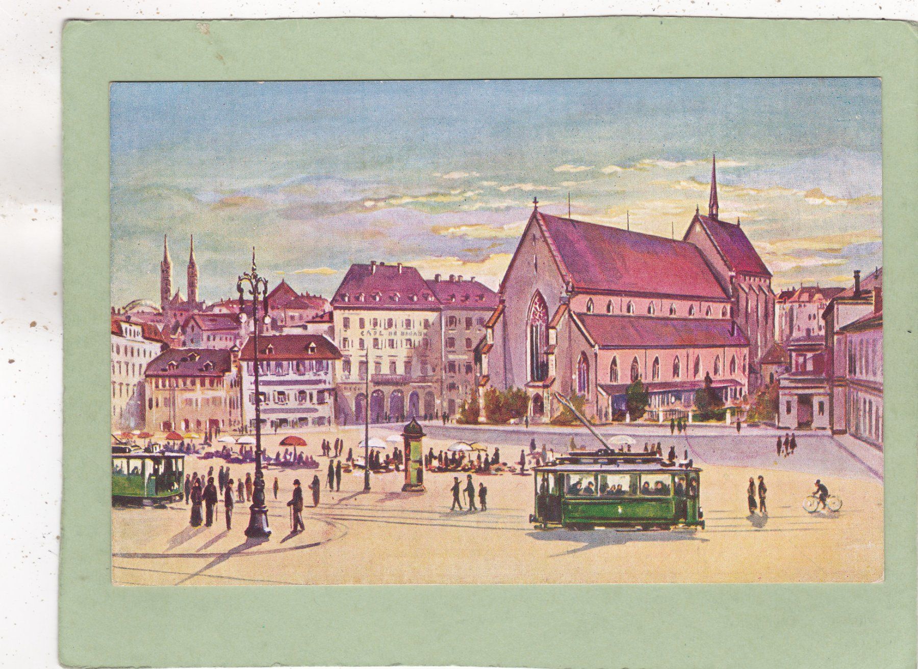 Cartoline postali: Kitsch Kunst Basel Barfüsserplatz mit Museum – Usato da Herisau venduto da Lisegrat2008