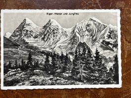 Humoristische alte Ansichtskarte Eiger, Mönch und Jungfrau