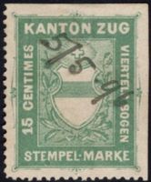 15 Centimes Fiskalmarke vom Kanton ZUG