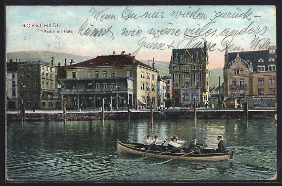 Cartoline postali: AK Rorschach, Partie am Hafen, Ruderboot – Usato da Berlin venduto da bartko-reher