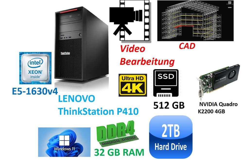 Lenovo Thinkstation P410 PC 32GB 512GB 1TB CAD Video Win11 (Gebraucht ...