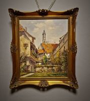 Vintage deutsches Stadtbild mit Kirchturm, signiert, gerahmt