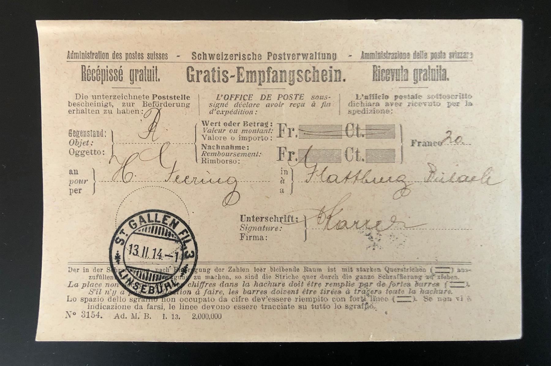 Tutti i francobolli: GRATIS-Empfangsschein 1914 SG – Usato da Lufingen venduto da Rac0