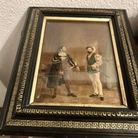 Petit tableau avec 2 hommes en habits bouffant sur carton