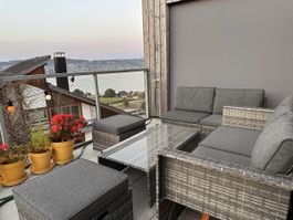 Rattan Lounge Set 5 Piece Sofa Table Stools Grey Outdoor Use