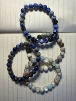 Beaded Bracelet Set 4 blue grey & green stone beads 