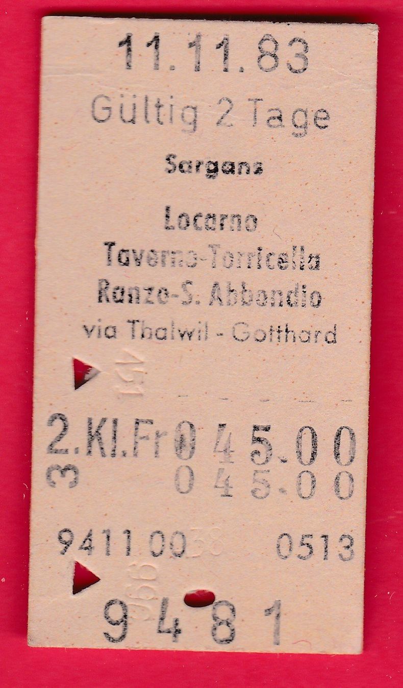 Tickets: KARTON BILLETT, SARGANS - RANZO-S.ABBONDIO,2.KLASSE, EINFACH – Gebraucht aus Oberrieden von Gebirgsstelze