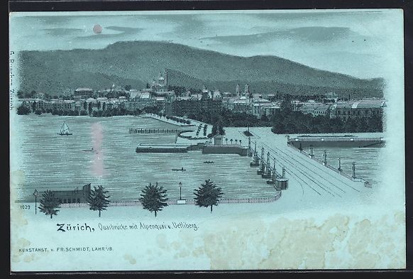 Cartoline postali: Mondschein-Lithographie Zürich, Quaibr – Usato da Berlin venduto da bartko-reher