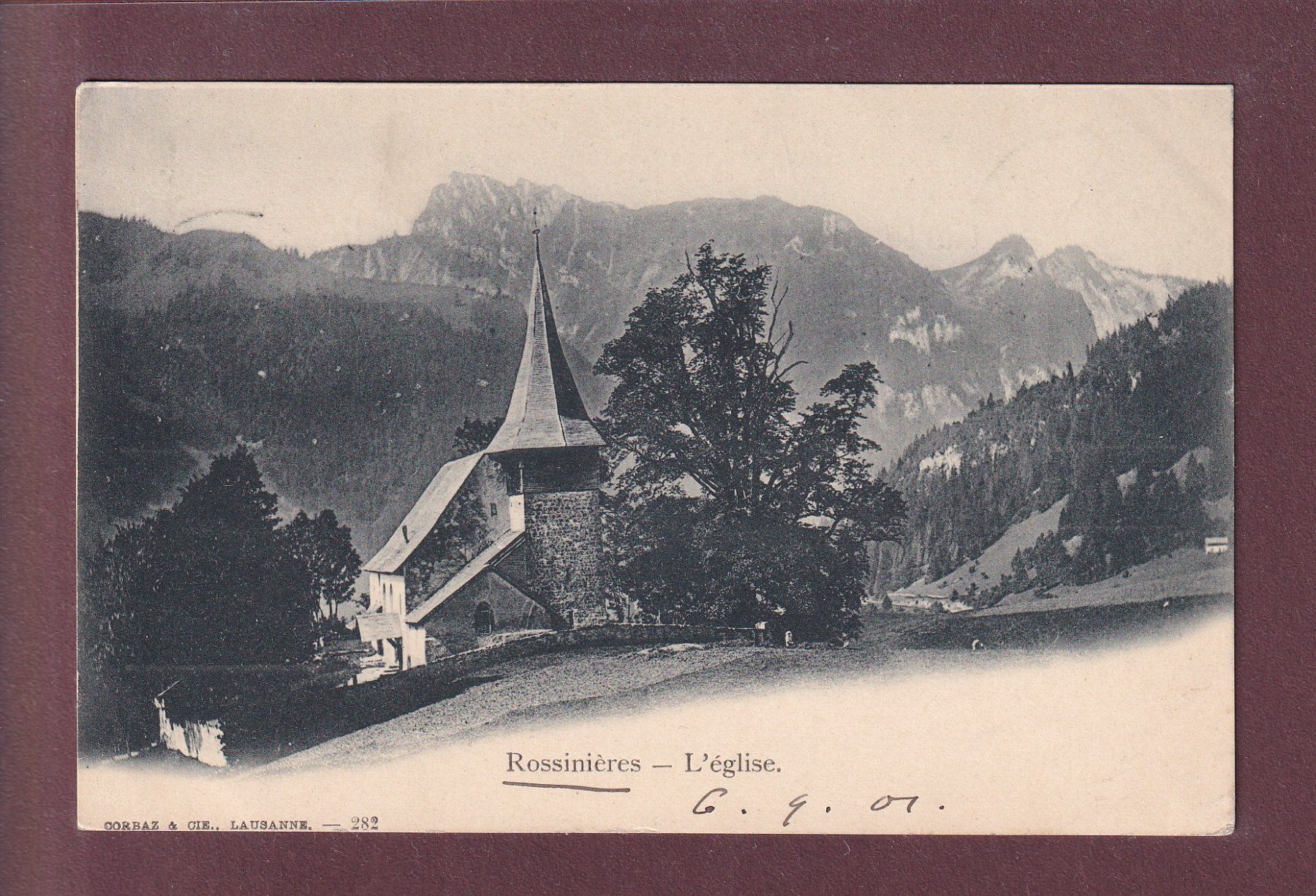 Cartoline postali: ROSSINIERES - Eglise - 1901 – Usato da Pully venduto da nicecards