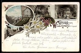 Lithographie Wildkirchli /Appenzell, Kapelle, Gasthaus, Esch