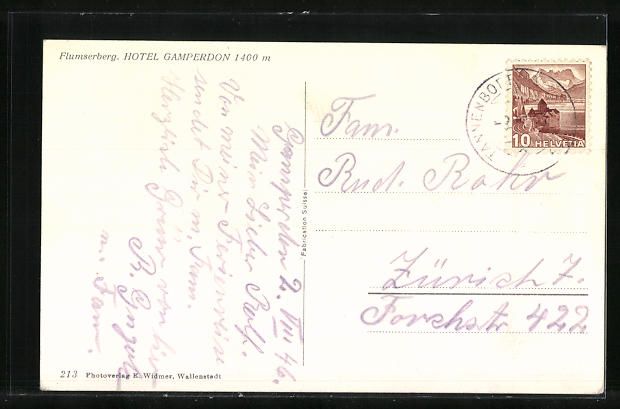 Cartoline postali: AK Flumserberg, Hotel Gamperdon, 1946 – Usato da Berlin venduto da bartko-reher 1